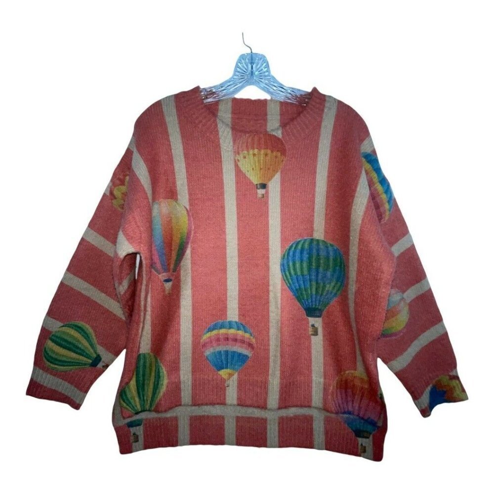 BUYKUD Hot Air Balloon Novelty Print Women’s M Sweater Chunky Pink Tan Stripe